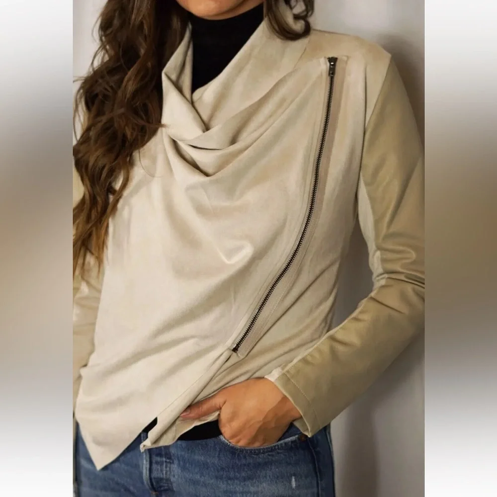 BL^NK NYC Gray Jacket Faux Leather Vegan Knit Moto Asymmetrical Zip Drapey